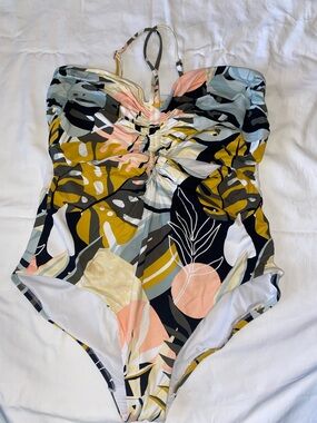 CALIA by Carrie Underwood Abstract Floral One-Piece in Mustard, Peach & Black